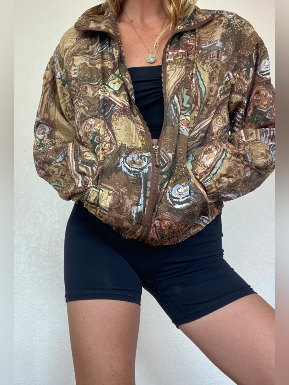 Vintage OUT BROOK 100% Silk Bomber Jacket Earth Tones 1980s Women's Size L